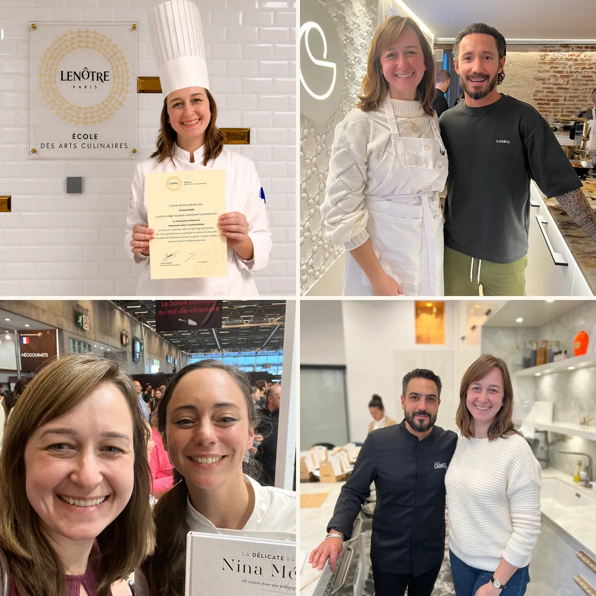 Patrícia Brüske en la École Lenôtre y con los chefs Cédric Grolet, Nina Métayer y Jeffrey Cagnes