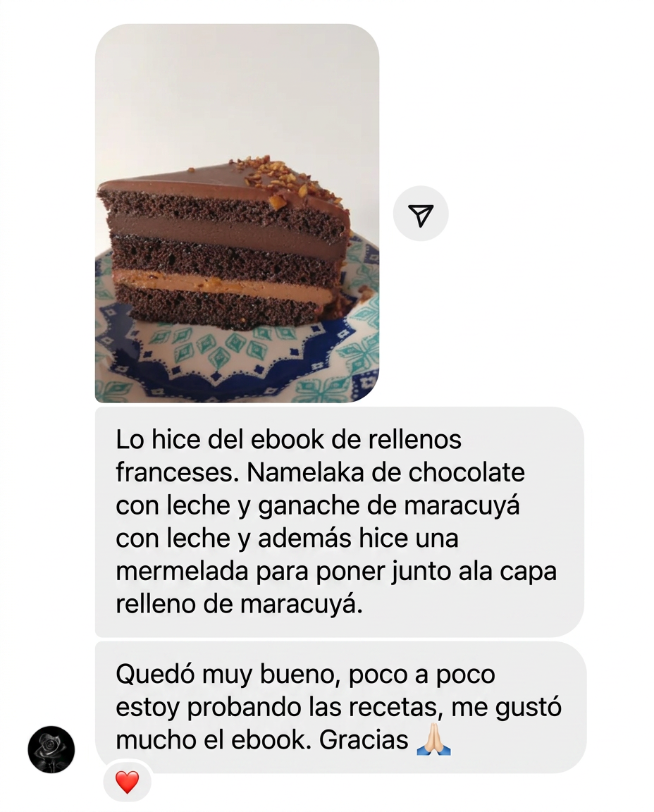 Alumna muestra pastel con namelaka de chocolate con leche y ganache de maracuyá