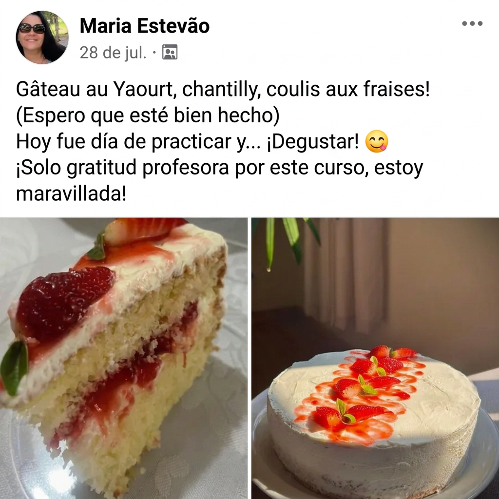 Alumna Maria Estevão comparte Gâteau au Yaourt con coulis de fresa